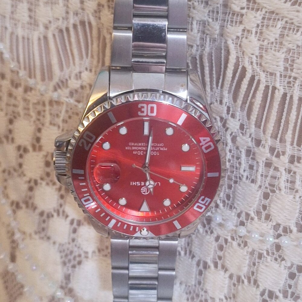 New Red face watch with silver band (no brand)